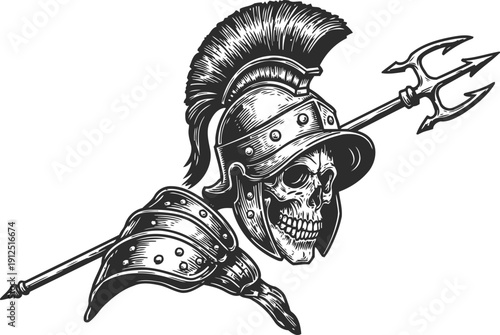 Skull warrior in ancient roman helmet with plume and armor holding a trident weapon illustration