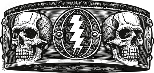 Vintage bracelet design with two human skulls and a central lightning bolt symbol engraving