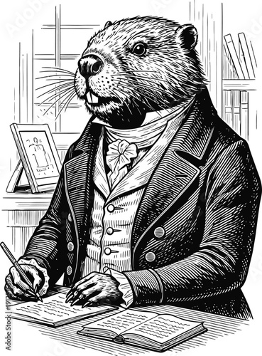 Beaver dressed in vintage suit writing at desk with books and framed drawing in background