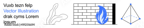 Safety, construction, energy, organic growth, geometry, design concepts. Abstract flame by a brick wall, curving organic shape and geometric figure. Safety and construction visuals presented in