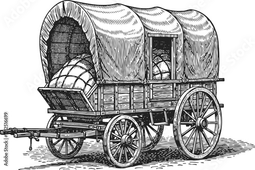 Covered wagon with wooden wheels and fabric canopy, vintage pioneer transportation vehicle