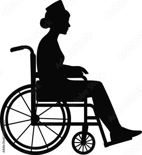 Silhouette of a nurse or patient woman sitting in a wheelchair for medical care disability and hospital recovery isolated on white