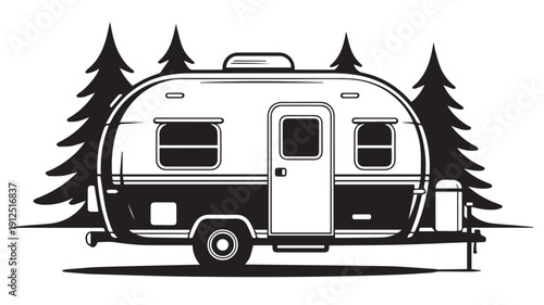 Stylized Outdoor Leisure Scene with a Charming Old-Fashioned Travel Trailer and Evergreen Woods
