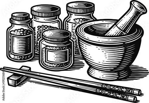Vintage spice jars with wooden chopsticks and a mortar and pestle for grinding herbs and seasonings