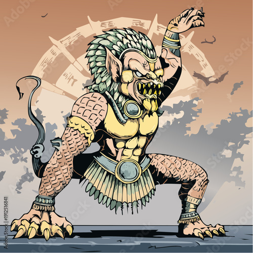 Fierce mythical monster warrior in an aggressive battle stance.