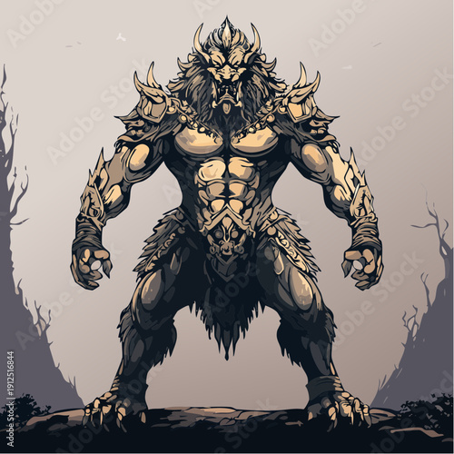 Powerful fantasy werewolf character in detailed battle armor.