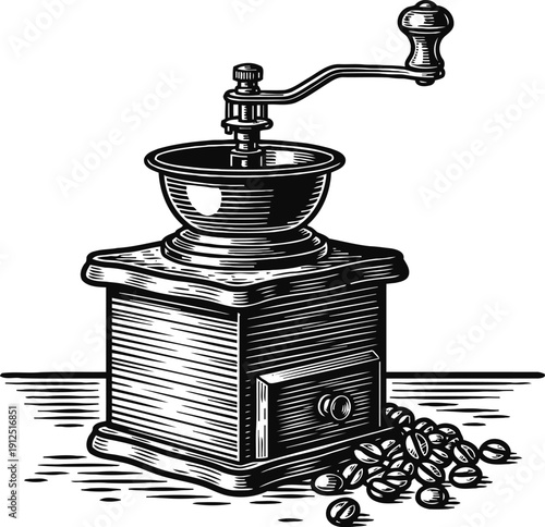 Vintage manual coffee grinder with handle and scattered coffee beans black engraving illustration