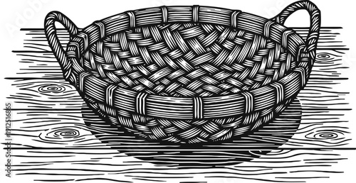 Handwoven wicker basket with two handles vintage round braided container placed on wooden surface traditional craft basketry illustration