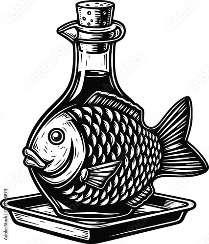 Vintage black and white illustration of a fish shaped glass bottle with a cork stopper on a tray