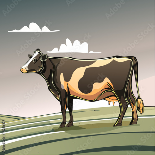 Stylized illustration of a black and white dairy cow standing.