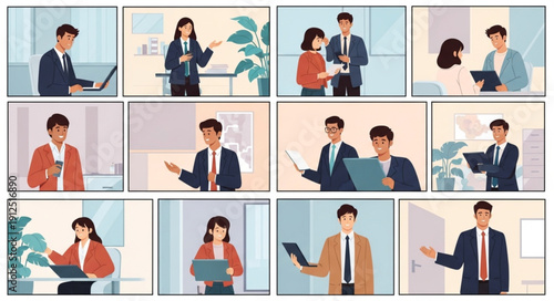 Diverse professionals collaborating in a virtual meeting grid.