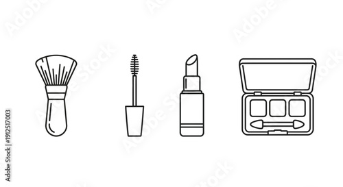 Set of cosmetic icons: makeup brush, mascara, lipstick, eyeshadow palette
