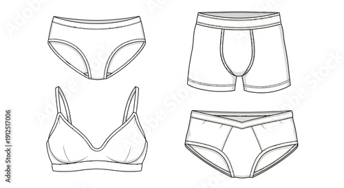 Set of basic white underwear: bra, briefs, and boxer briefs for women and men