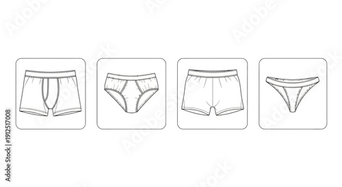 Set of different men's underwear types, line art icons, isolated on white background