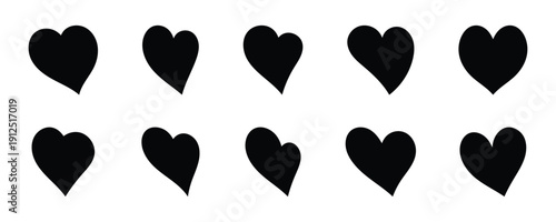 Collection of simple love heart icons set in black colors. This icons set perfect for romantic holiday decoration user interface graphic elements and app design. Eps10