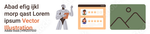 Artificial intelligence, UX design, online reviews, rating systems, tech imagery, creative concepts. Robot holding clipboard, user profile reviews mountain-thumbs up icon. AI and UX design concept