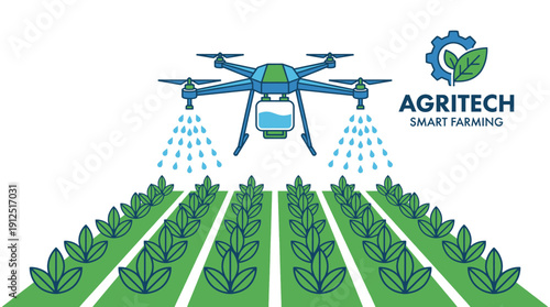 Smart farming drone flying over green field spraying crops. Future agritech agriculture innovation. Flat vector illustration.