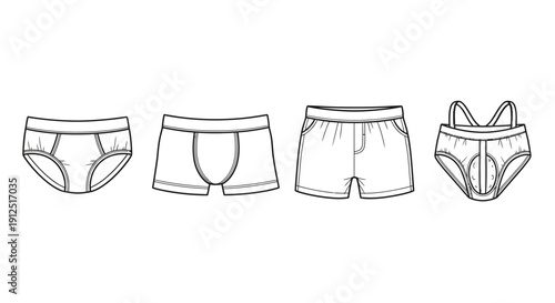 Set of diverse men's underwear styles, line art illustration