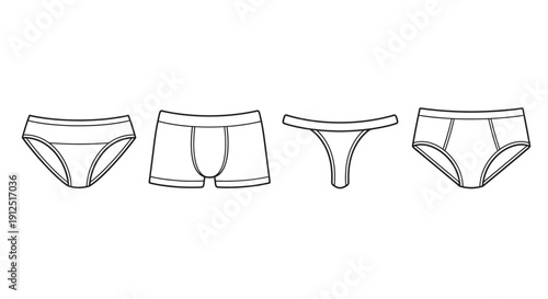 Set of diverse underwear styles: briefs, boxer briefs, thong, and bikini, line art illustration