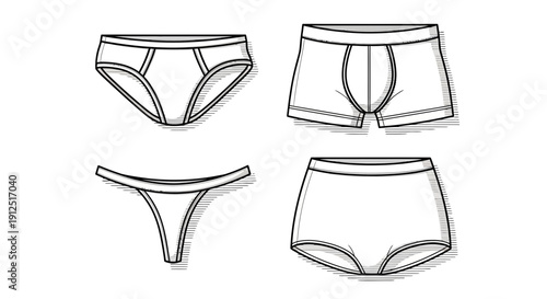 Set of diverse underwear styles: briefs, boxers, thong, and high-waisted panties, line art.