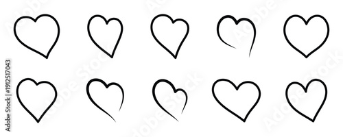 Hand drawn heart doodle set, love symbol sketch collection, romantic valentine brush style heart shapes. This black heart  outline icons set isolated on white background. Vector illustration.