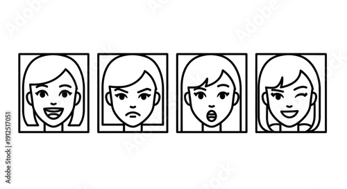 Set of four cartoon female faces showing different emotions: happy, angry, surprised, winking
