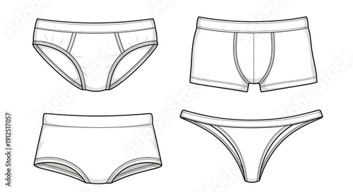 Set of four different styles of underwear for men and women, isolated on white background
