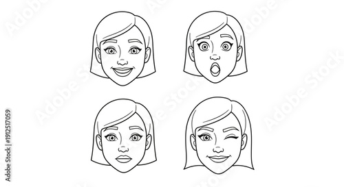 Set of four cartoon faces showing different emotions: joy, surprise, confusion, and wink