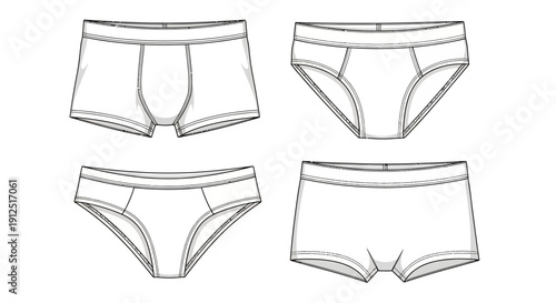 Set of four different styles of men's underwear briefs and boxers, fashion illustration