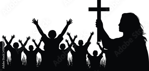 Silhouette of a Woman Holding a Christian Cross with a Crowd Raising Hands in Worship, Prayer, Faith, and Religious Celebration