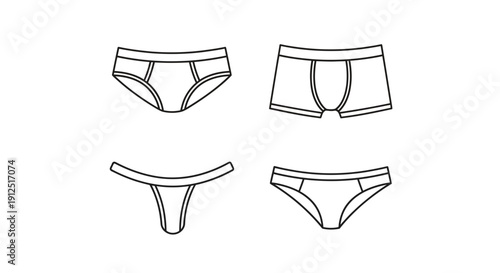 Set of four different types of underwear for men and women, line art illustration