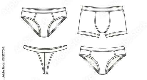 Set of four different types of underwear sketches: briefs, bikini, thong, and boxer briefs.