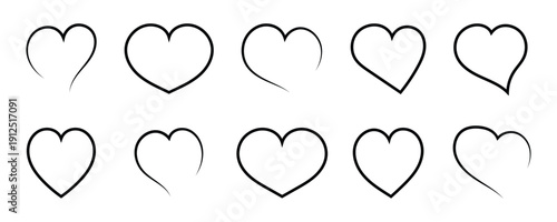 Hand drawn heart doodle set, love symbol sketch collection, romantic valentine brush style heart shapes. This black heart  outline icons set isolated on white background. Vector illustration.