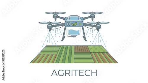 Unmanned aerial vehicle drone spraying agricultural fields. Precision agriculture and smart agritech concept. Flat vector illustration.
