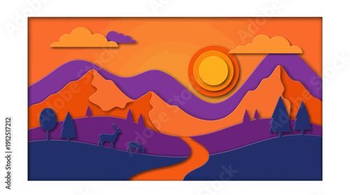 Paper cut style landscape with mountains, river and deer at sunset. Layered papercraft nature background. 3d origami concept.