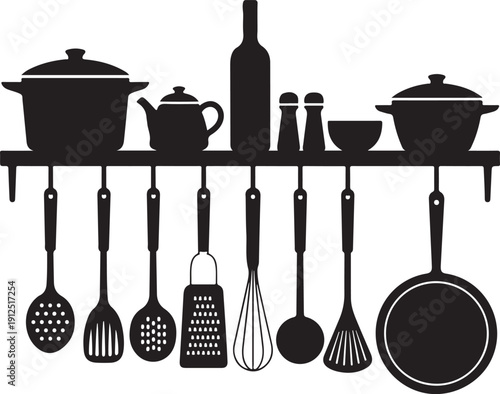A detailed silhouette of various kitchen utensils and pots hanging on a wall rack