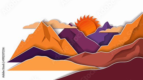 Layered paper cut style mountain landscape with sun and clouds. Beautiful nature scenery papercraft background. 3d origami art.