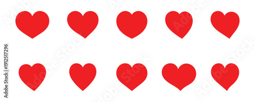Set of red hearts icons symbol love shape.  This icon diverse collection of hand drawn red heart shapes expressing love and affection. Minimal red heart vector icon isolated on white background. 