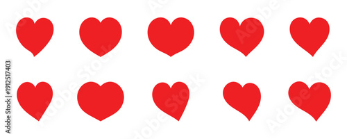 Set of red hearts icons symbol love shape.  This icon diverse collection of hand drawn red heart shapes expressing love and affection. Minimal red heart vector icon isolated on white background. 