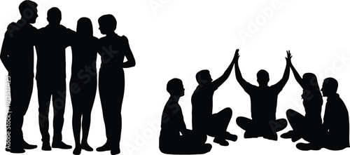 Silhouette of diverse groups of people standing in a huddle and sitting in a circle for support and team building success