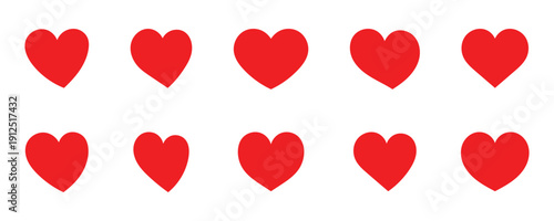 Set of red hearts icons symbol love shape.  This icon diverse collection of hand drawn red heart shapes expressing love and affection. Minimal red heart vector icon isolated on white background. 