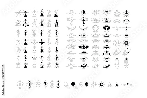 Set of mystical tribal icons and celestial symbols with line art silhouettes of people and geometric shapes
