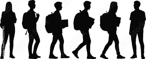 Silhouette of diverse group of students with backpacks and books walking and standing isolated on white background for campus life
