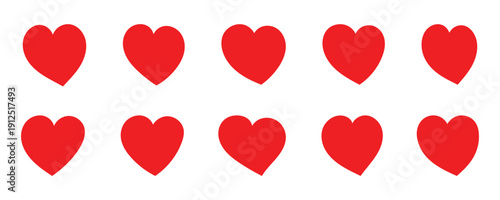 Set of red hearts icons symbol love shape.  This icon diverse collection of hand drawn red heart shapes expressing love and affection. Minimal red heart vector icon isolated on white background. 