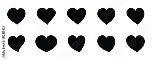 Variety of heart symbols in black with different textures and styles icon love. Black bold art isolated on white background for valentine day wedding love. Vector illustration. 