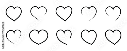 Set of black heart icons with various designs and styles  outline textured. Different hand drawn heart shapes ranging from simple outlines to textured and scribbled designs for valentine day. Eps10 