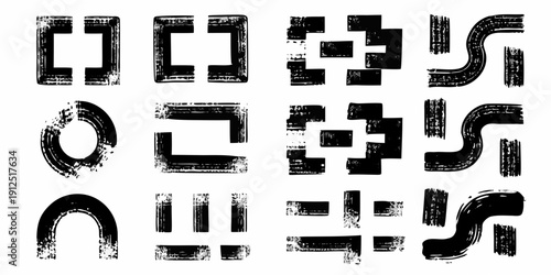 Abstract black and white composition of distorted fragmented letterforms