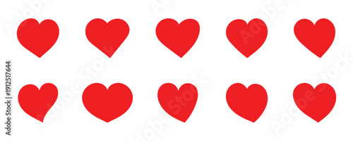 Red love heart vector icon set with romantic symbol collection. This heart icons collection for web and print use, editable vector graphics, flat and stroke style . Vector illustration. 
