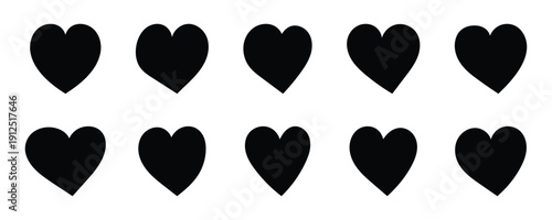 Variety of heart symbols in black with different textures and styles icon love. Black bold art isolated on white background for valentine day wedding love. Vector illustration. 