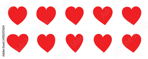 Red love heart vector icon set with romantic symbol collection. This heart icons collection for web and print use, editable vector graphics, flat and stroke style . Vector illustration. 